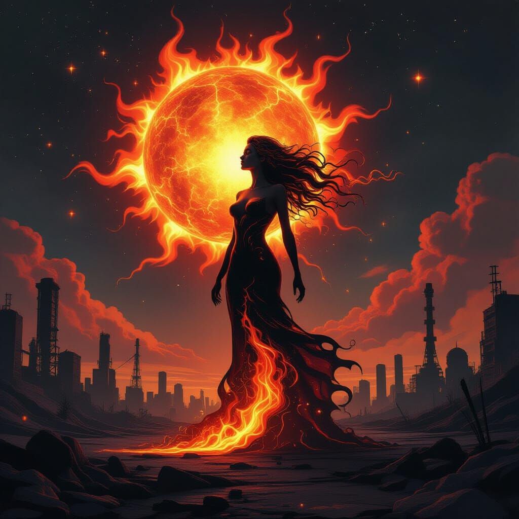 Apocalyptic Digital Art: Exploding Sun Over Ruined Landscape