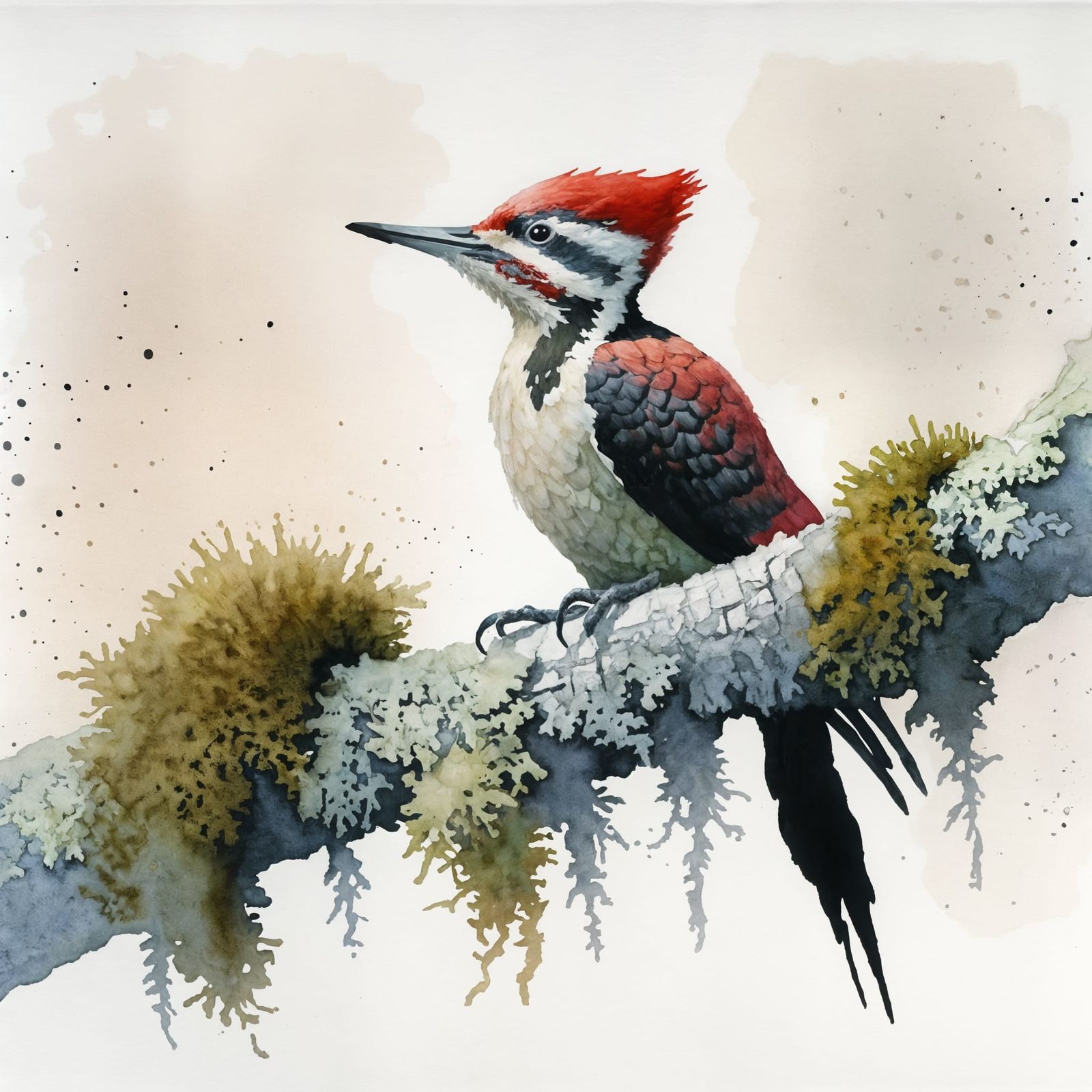 Pileated Woodpecker: Minimalist Watercolor with Impasto Deta...