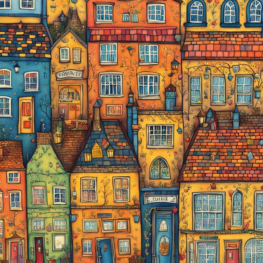 Charming English Town Street in Folk Art Style