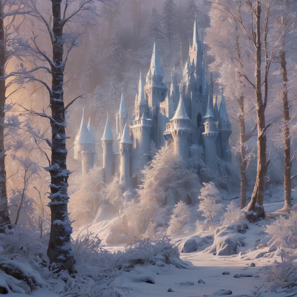 Ethereal Ice Castle Rising in Snowy Forest