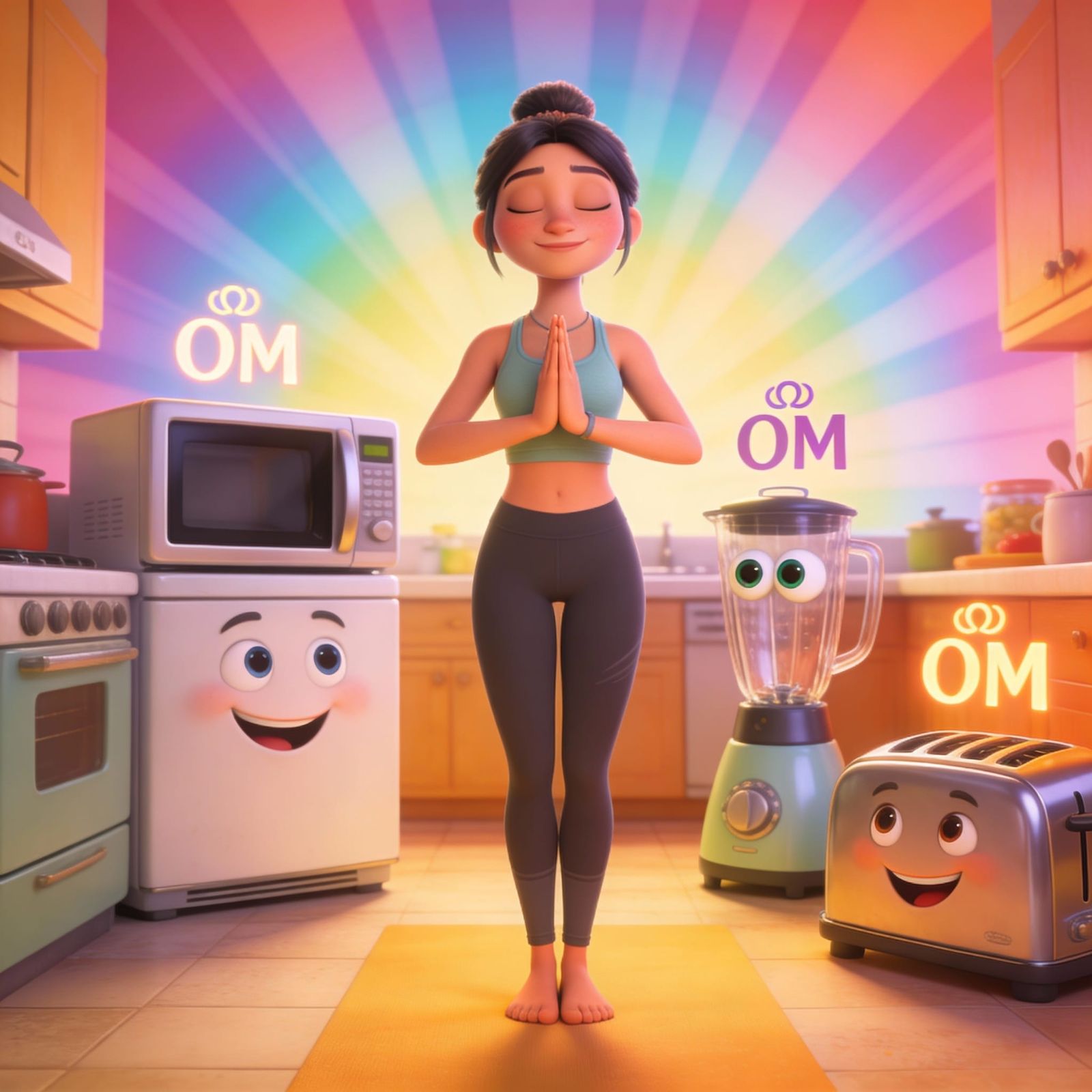 A yoga instructor stands ion the middle of an animated kitchen saying "OM." The anthropomorphic kitchen appliances say "...