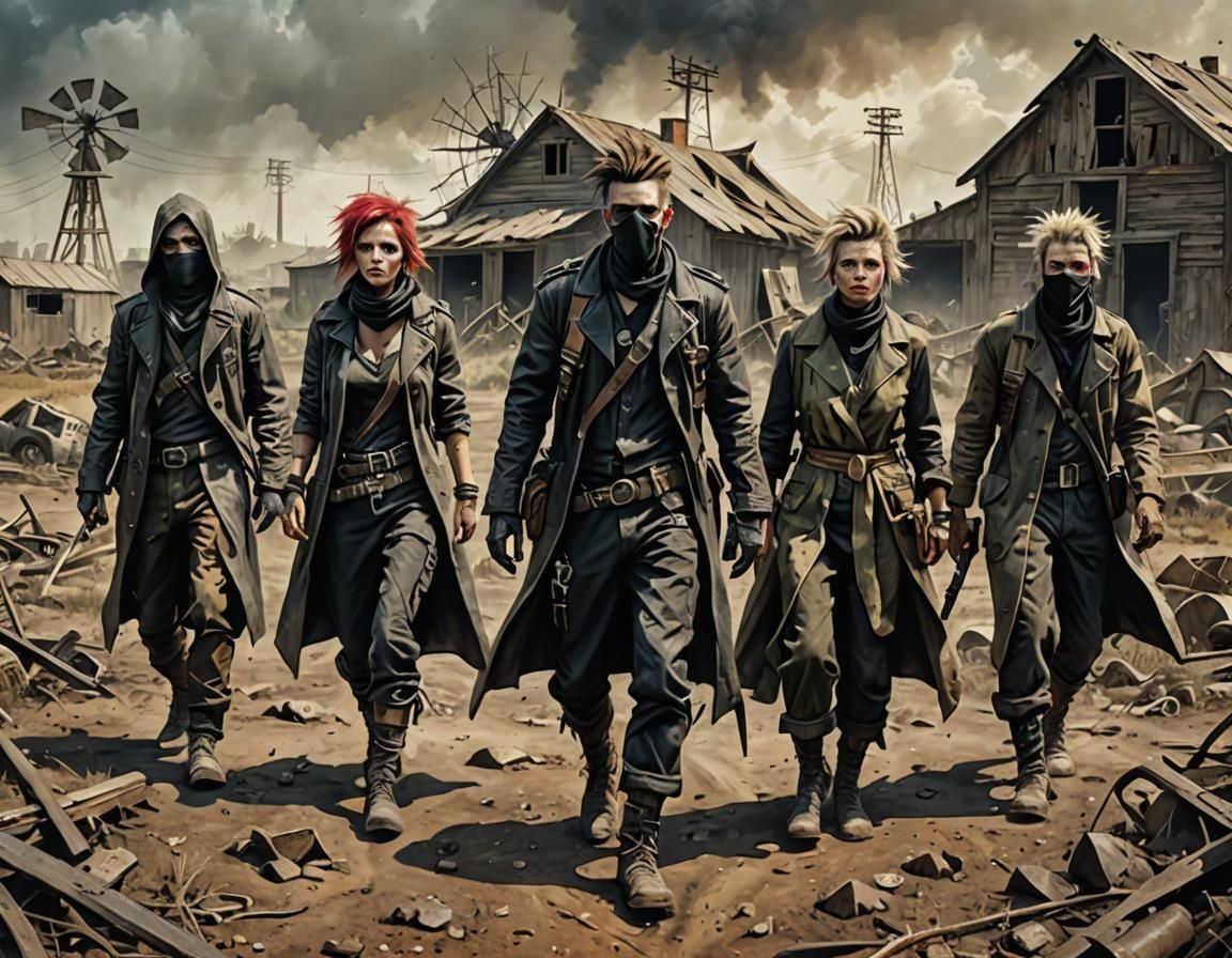 Post-Apocalyptic Punk Raiders in a Devastated Fallout Landsc...