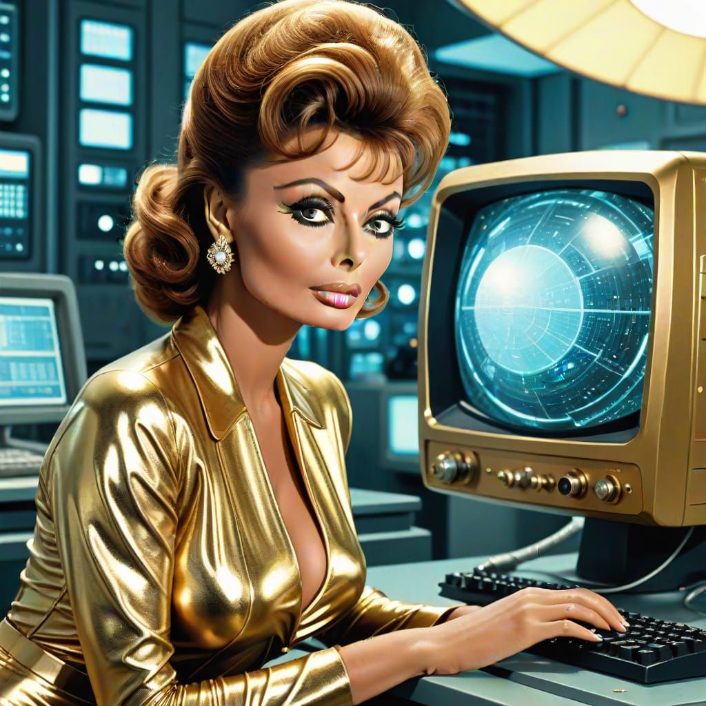 Retro Sci-Fi Lab Scene with Golden Jumpsuit
