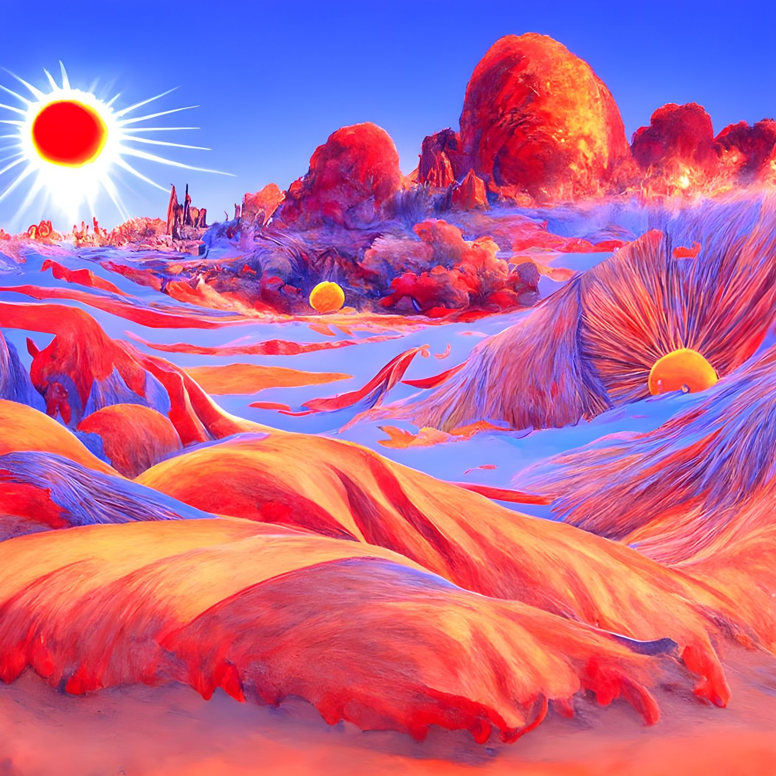 Mystical Desert Landscape with Fiery Sun