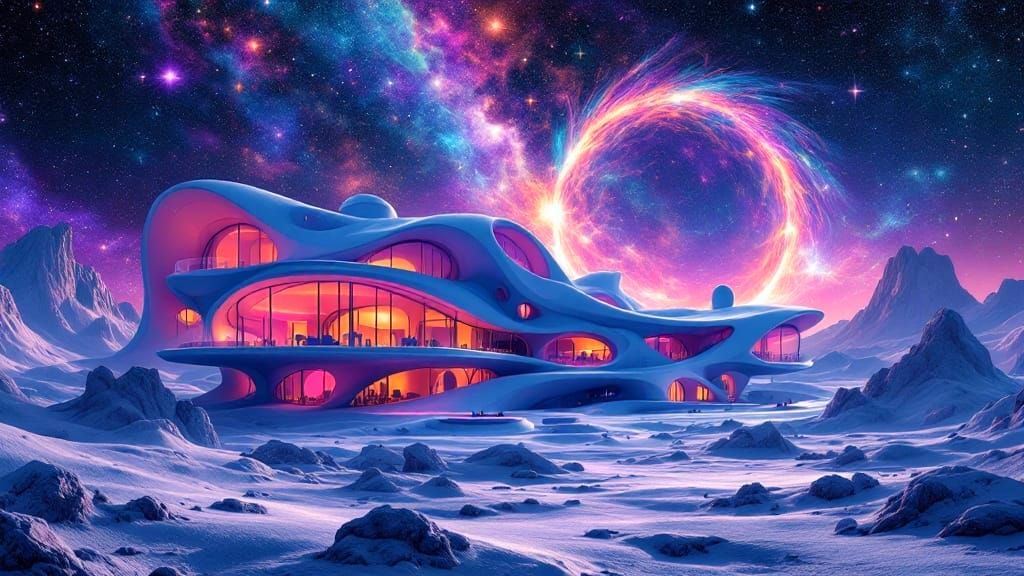 Retro-Futuristic Lunar Estate Unveiled in Vibrant Galaxy
