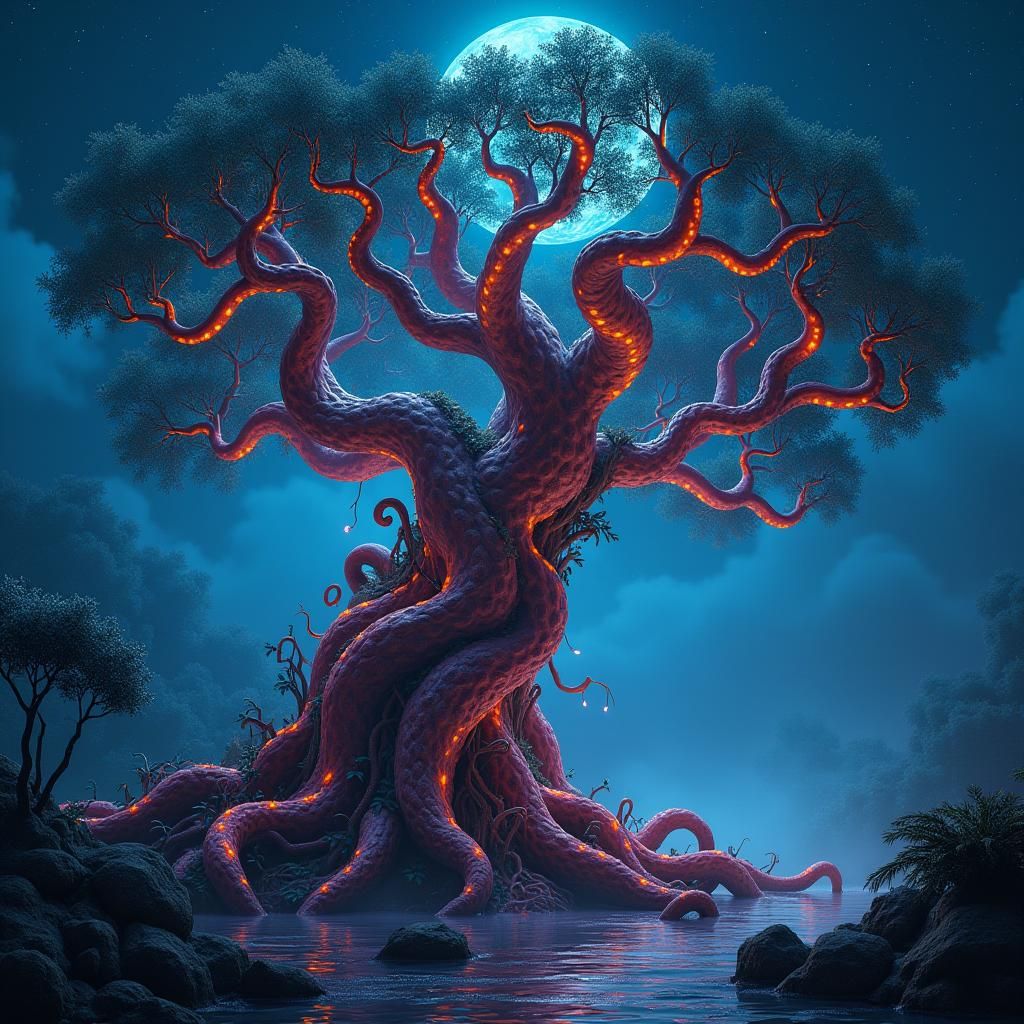 Luminescent Tree Octopus in Ethereal Moonlit Landscape