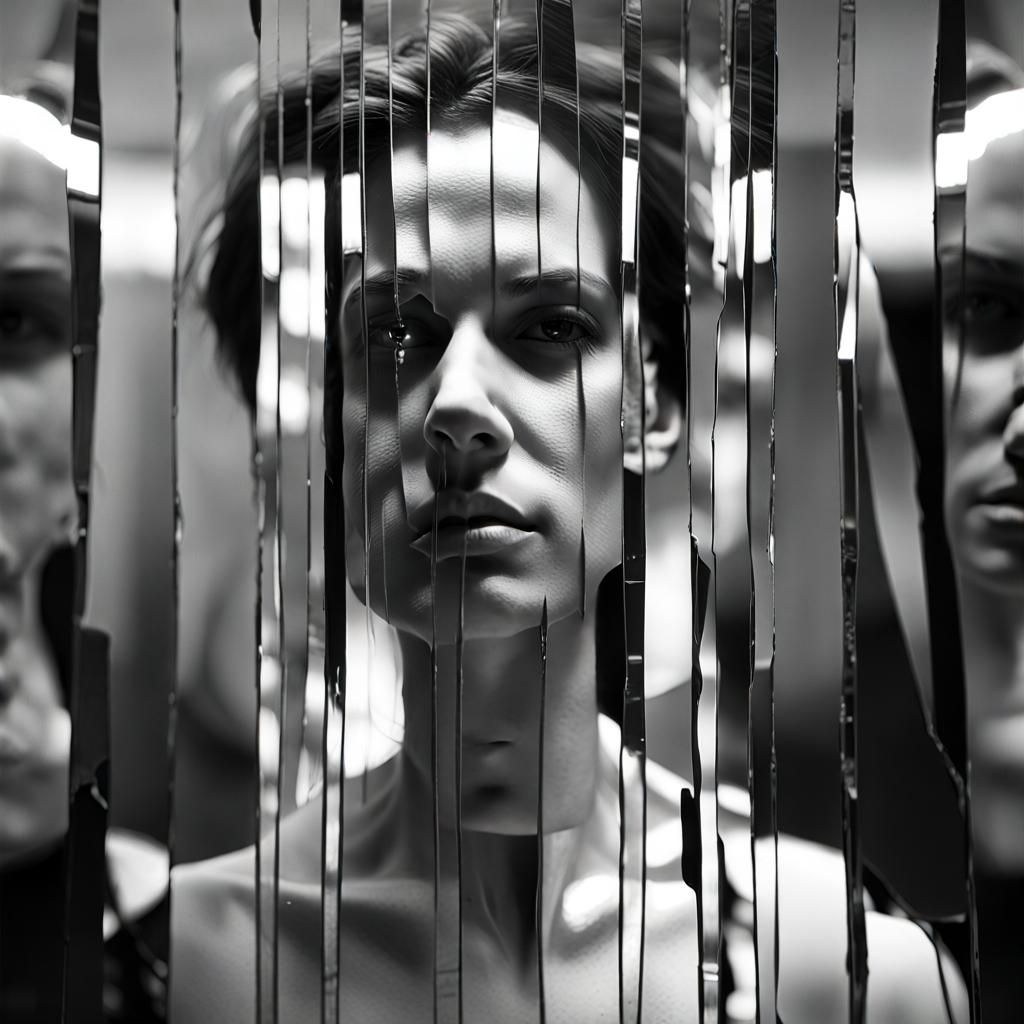 Surreal Split Personality Portrait in Distorted Mirror Refle...
