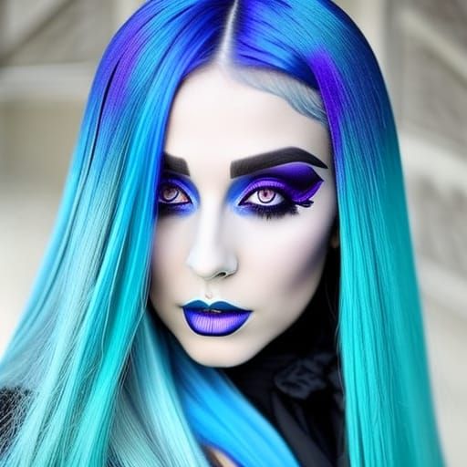 Ethereal gothic young lady with long flowing Electric blue hair with cobalt blue highlights& Purple highlights& shimmery...