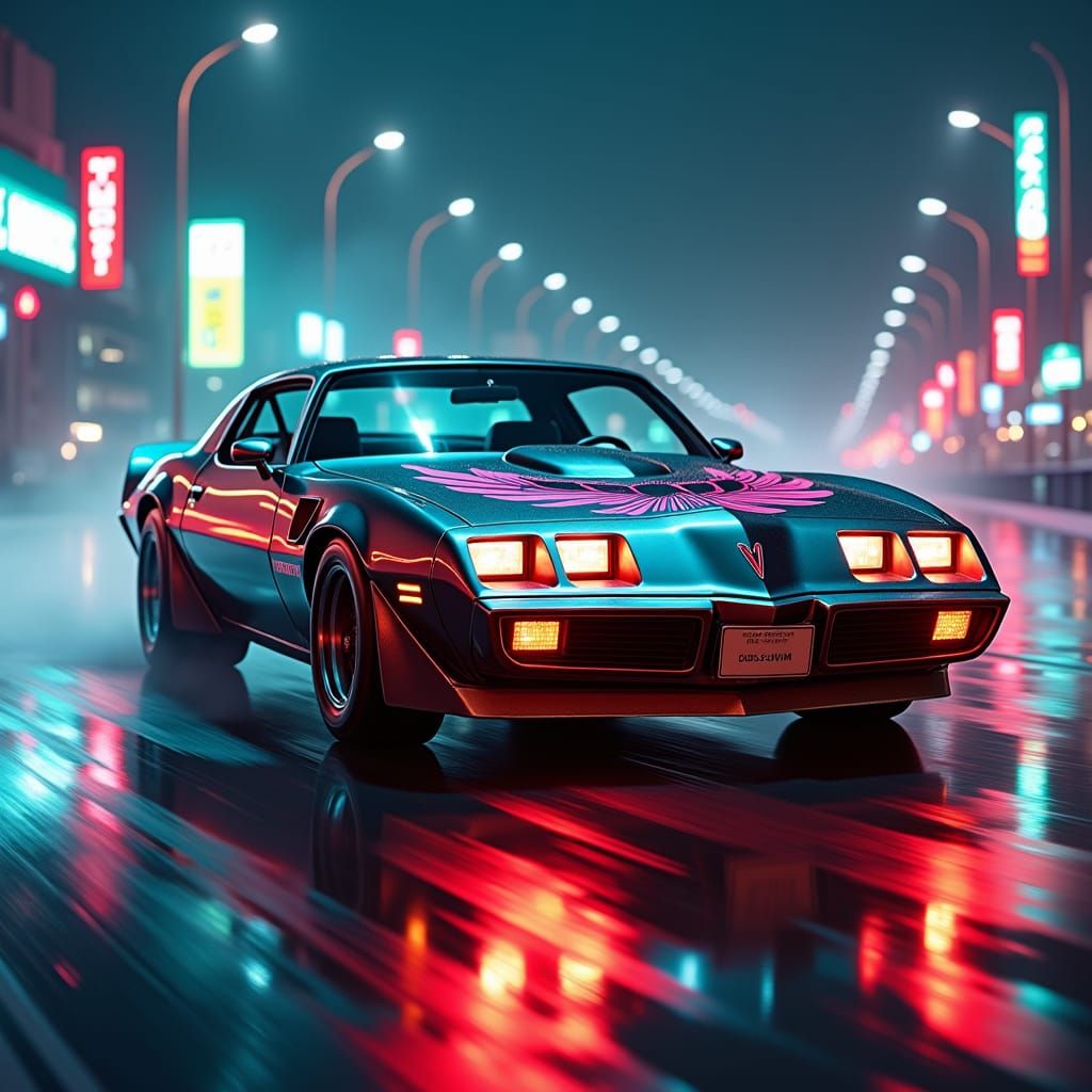 Retro-Futuristic Trans Am Speeds Down Rainy Highway