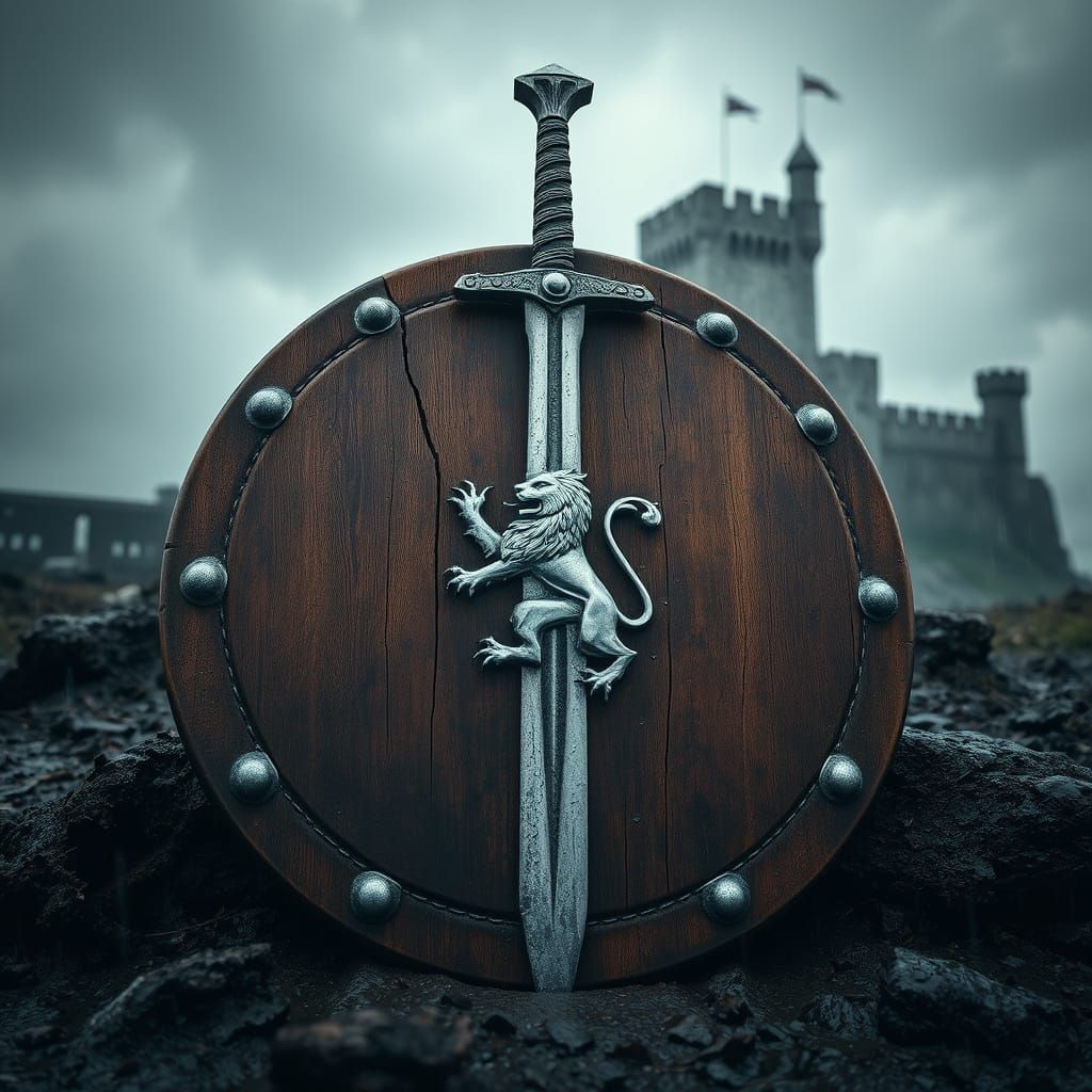 Regal Battle Worn Shield and Sword Rest Against a Medieval C...