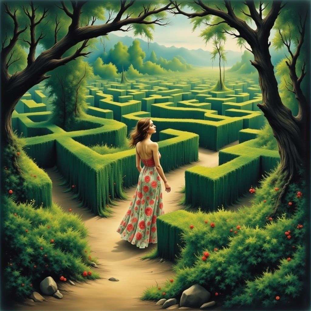 Woman Navigating Floral Hedge Maze in Whimsical Style