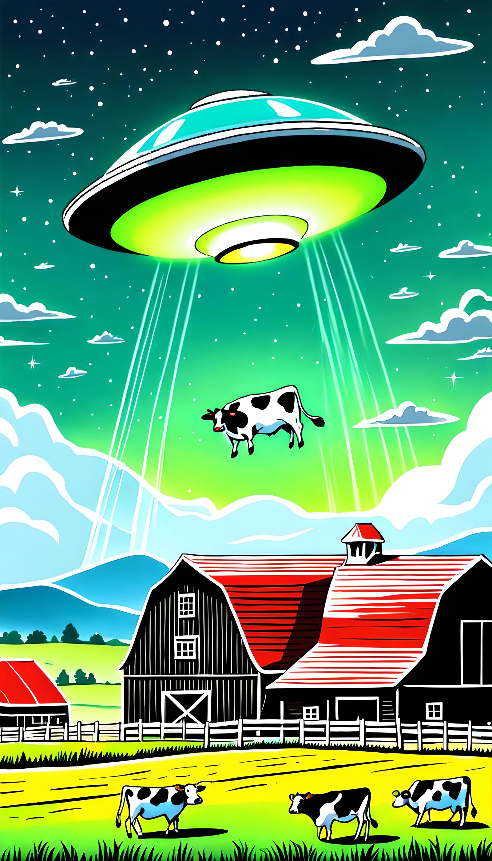 Alien Abduction on Rural Farm in Futuristic Style