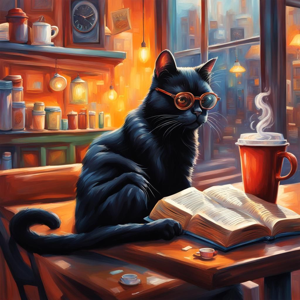 Whiskered Intellectual in a Hyperrealistic Cafe Scene