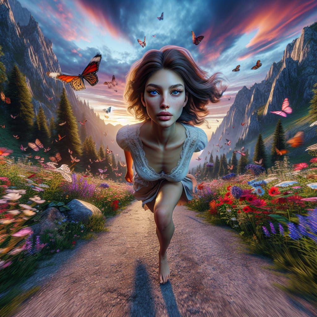 Ethereal Beauty Navigates Majestic Mountainside in Sunset Gl...