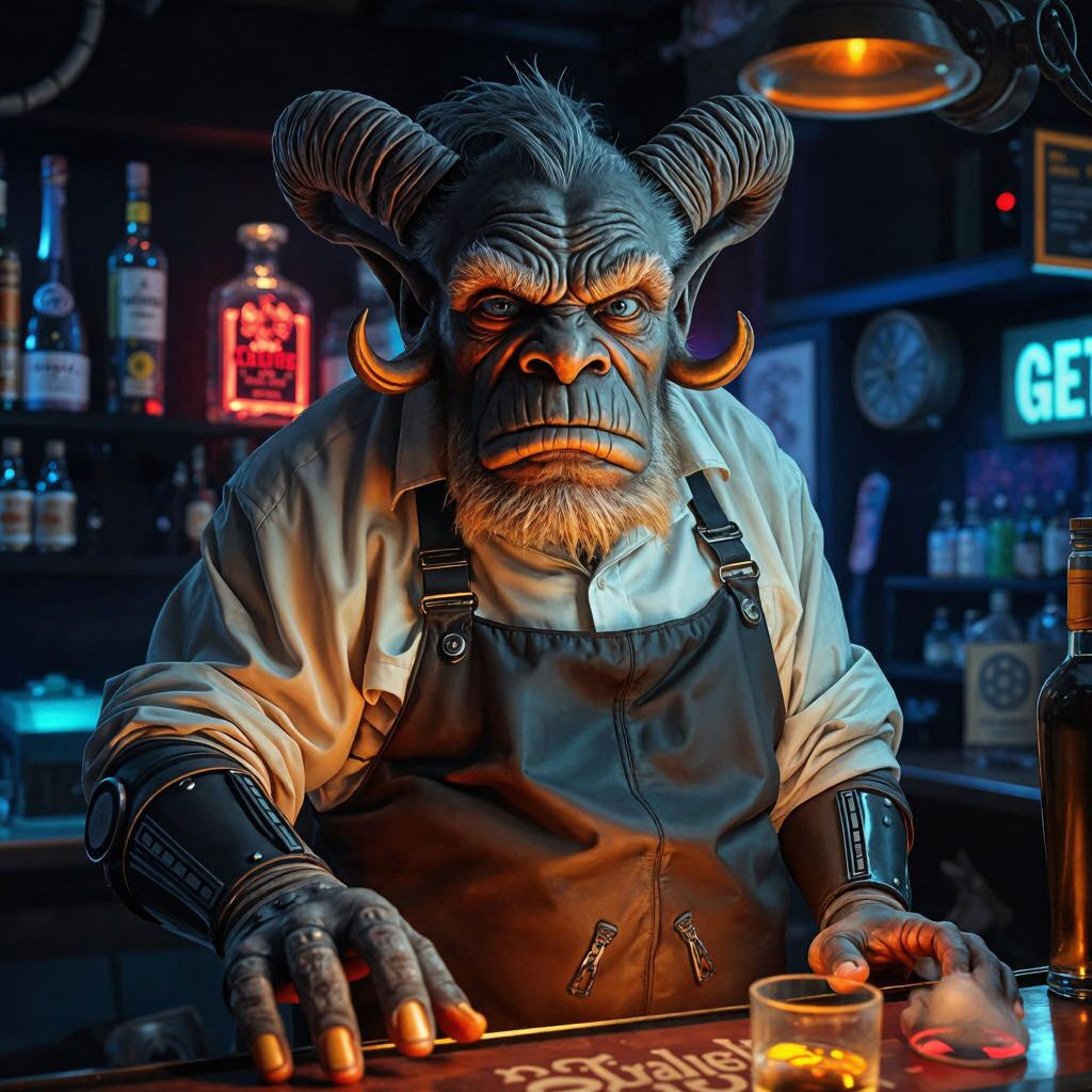 Cyberpunk Troll Bartender Portrait in Photorealistic Style