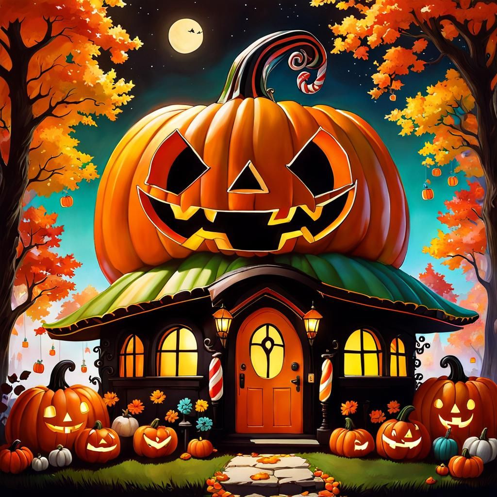 Vibrant Candy Pumpkin House in Whimsical Candyland Style
