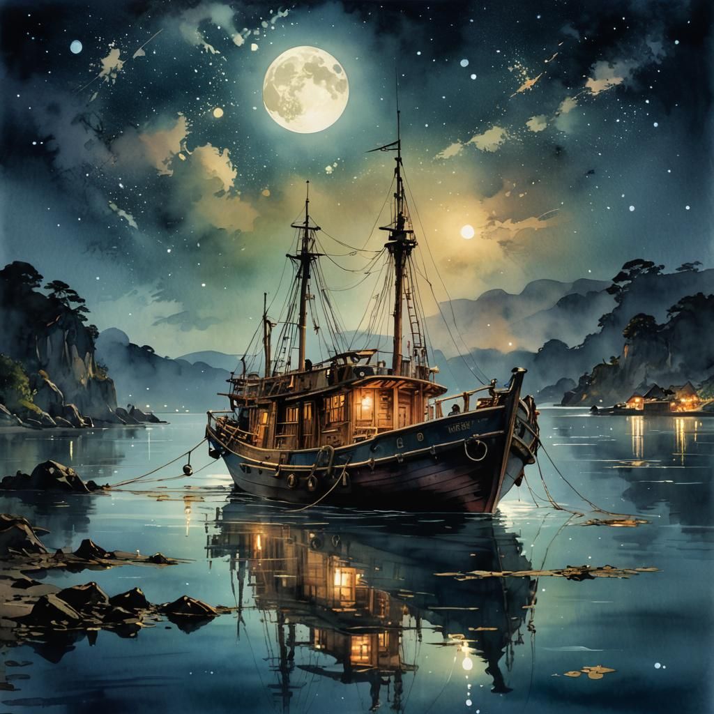 Ethereal Moonlit Fishing Boat Scene in Cinematic Watercolor
