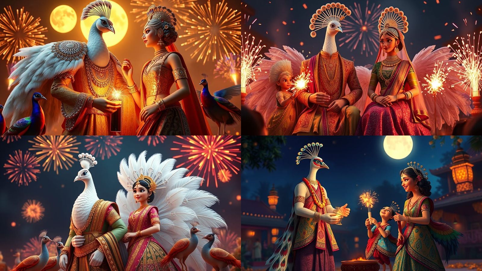 Ancient Indian Peacock Couple Celebrate Nighttime with Golde...