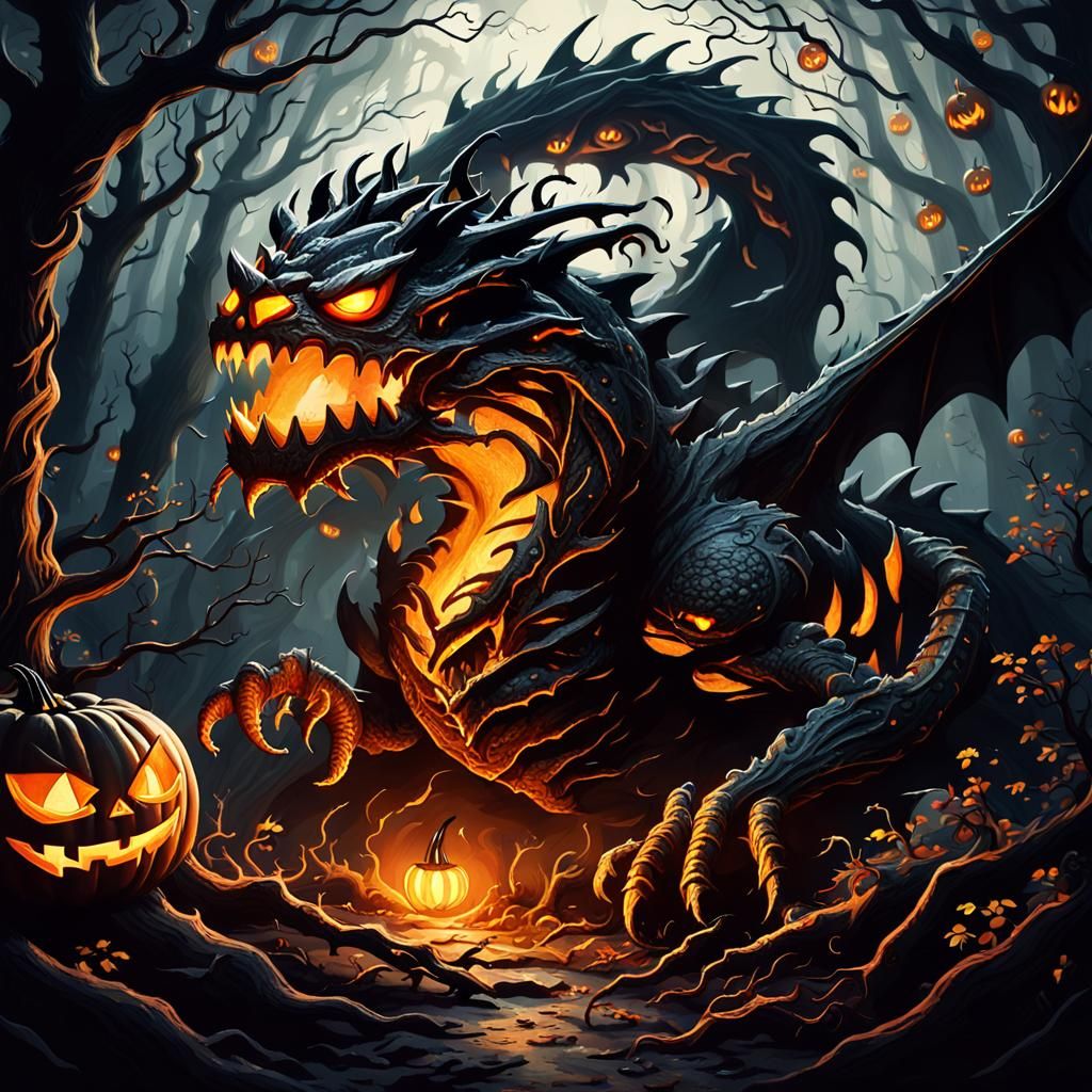 Mystical Jack-o-Lantern Dragon in Dark Fantasy Landscape
