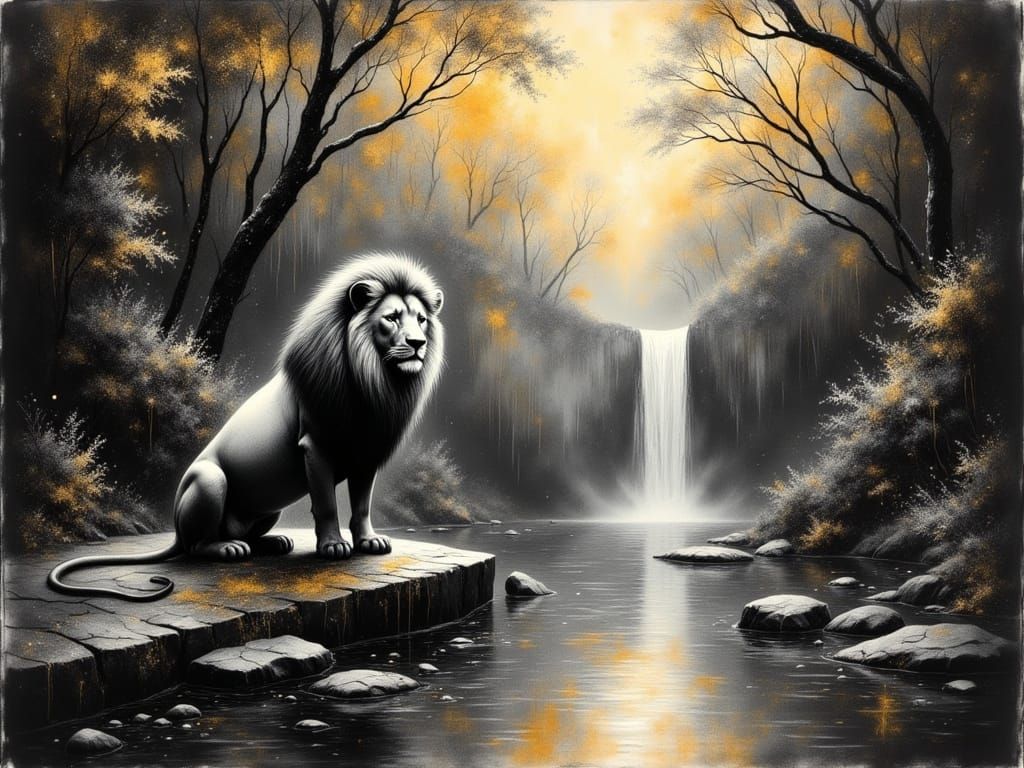 Regal Lion in Charcoal with Golden Accents