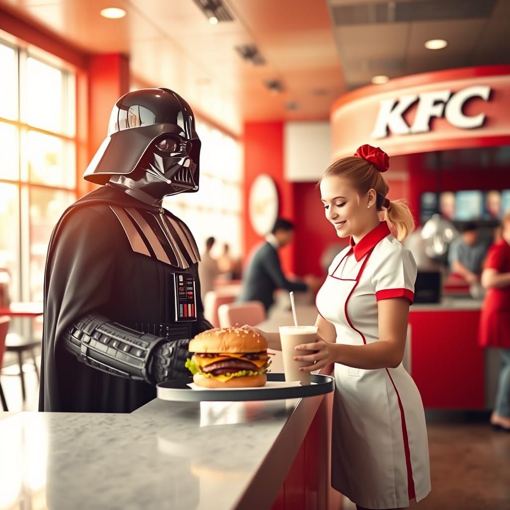 Darth Vader Orders Food in a Bright KFC Restaurant