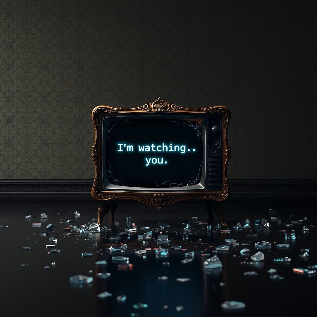 Eerie TV in Haunting Futuristic Setting with Ominous Message