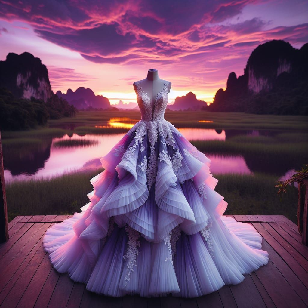 A  Plunged Lace Applique Two-Tone Layered Ruffled Tulle Wedd...