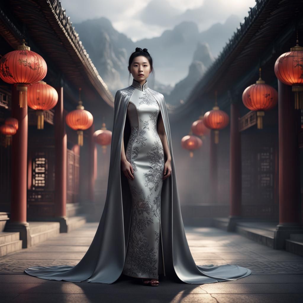 Chinese girl silver qipao and cape
