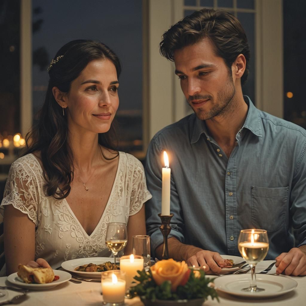 Couple in Intimate Candlelit Dinner Scene