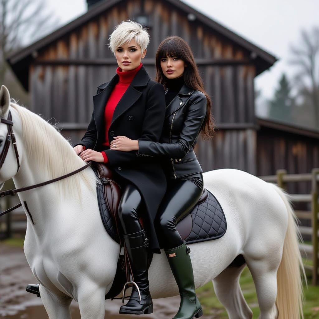 Two Women and White Mare in Darkwood Manor Stables