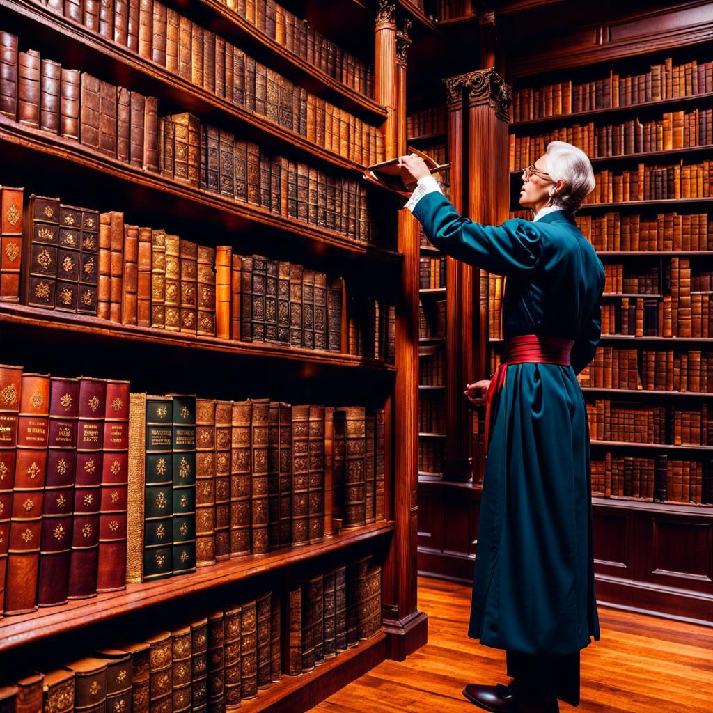 Elegant Librarian in Ancient Library