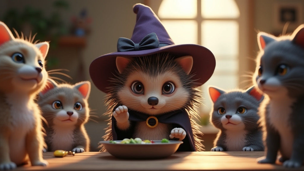 Fierce Hedgehog Witch Cooks for Playful Feline Friends in Cy...