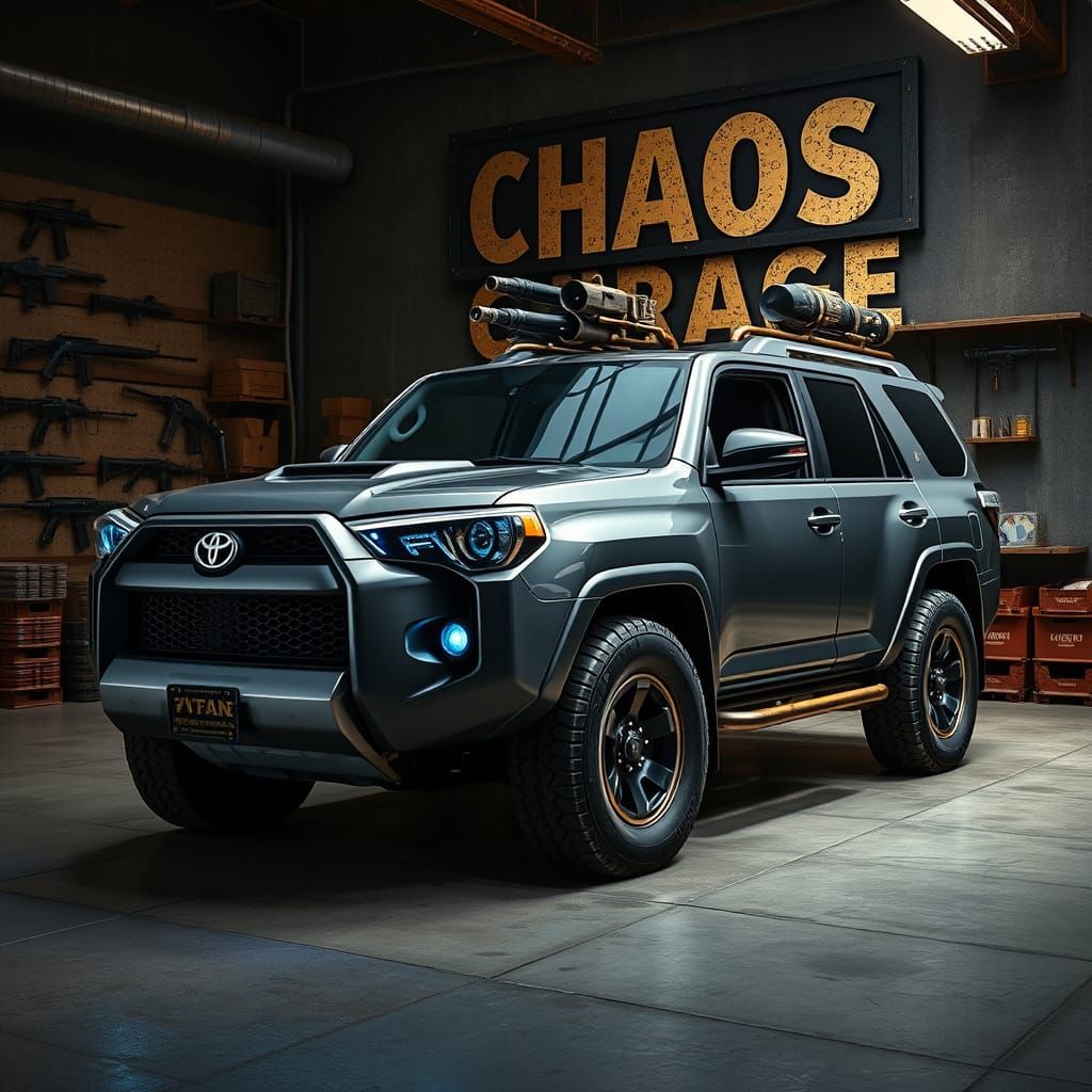 Steampunk Toyota Forunner with Machine Guns in Dimly Lit Gar...