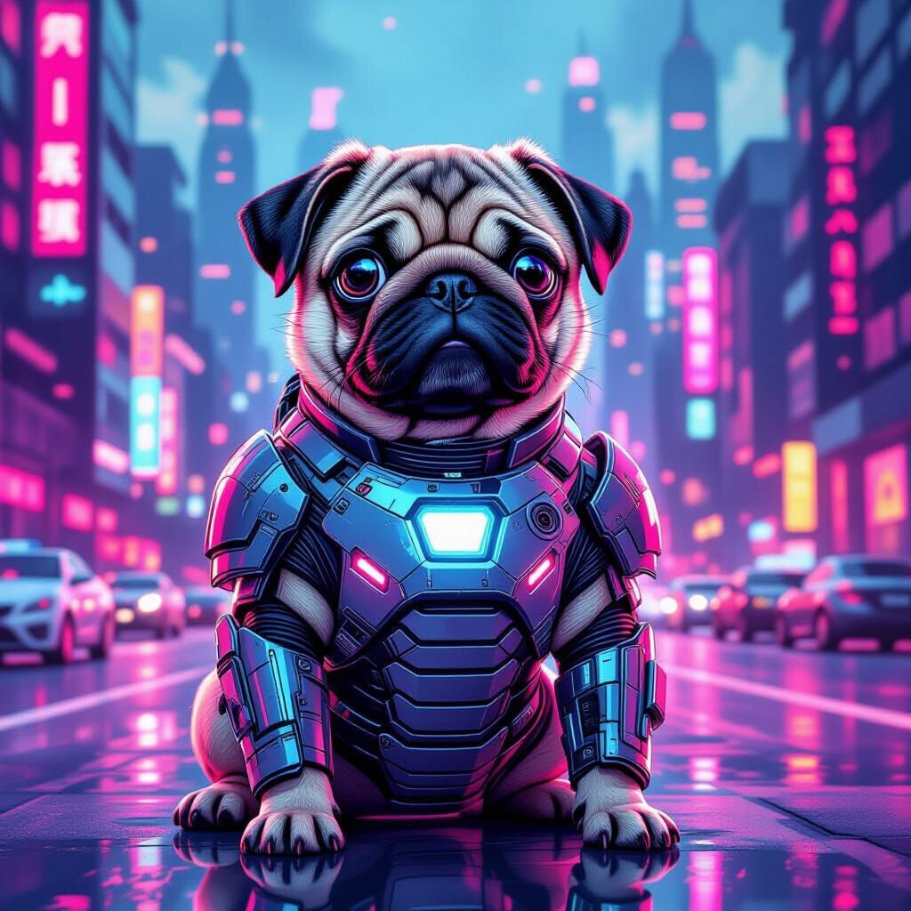 Cyborg Pug in Dystopian Cityscape as Oil Painting
