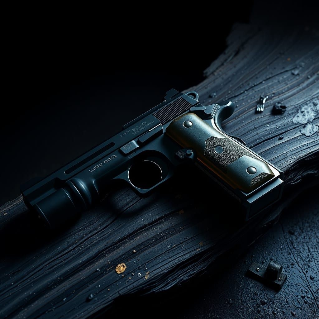 Handgun with Gold Grip in Futuristic Noir Style