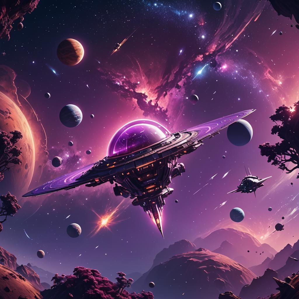 Violet Planet in Space with Fleeting Spaceship