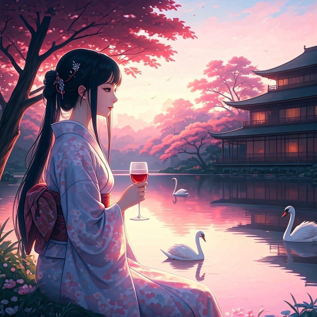 A dark shadowed silhouette of a serene Japanese woman, dress...