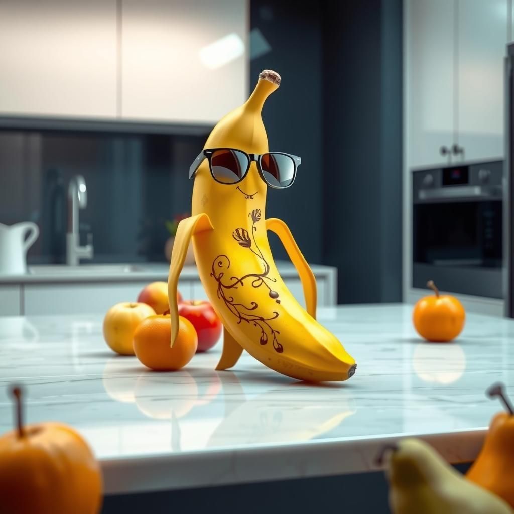 Dapper Banana Confidently Stands in Modern Kitchen with Refl...