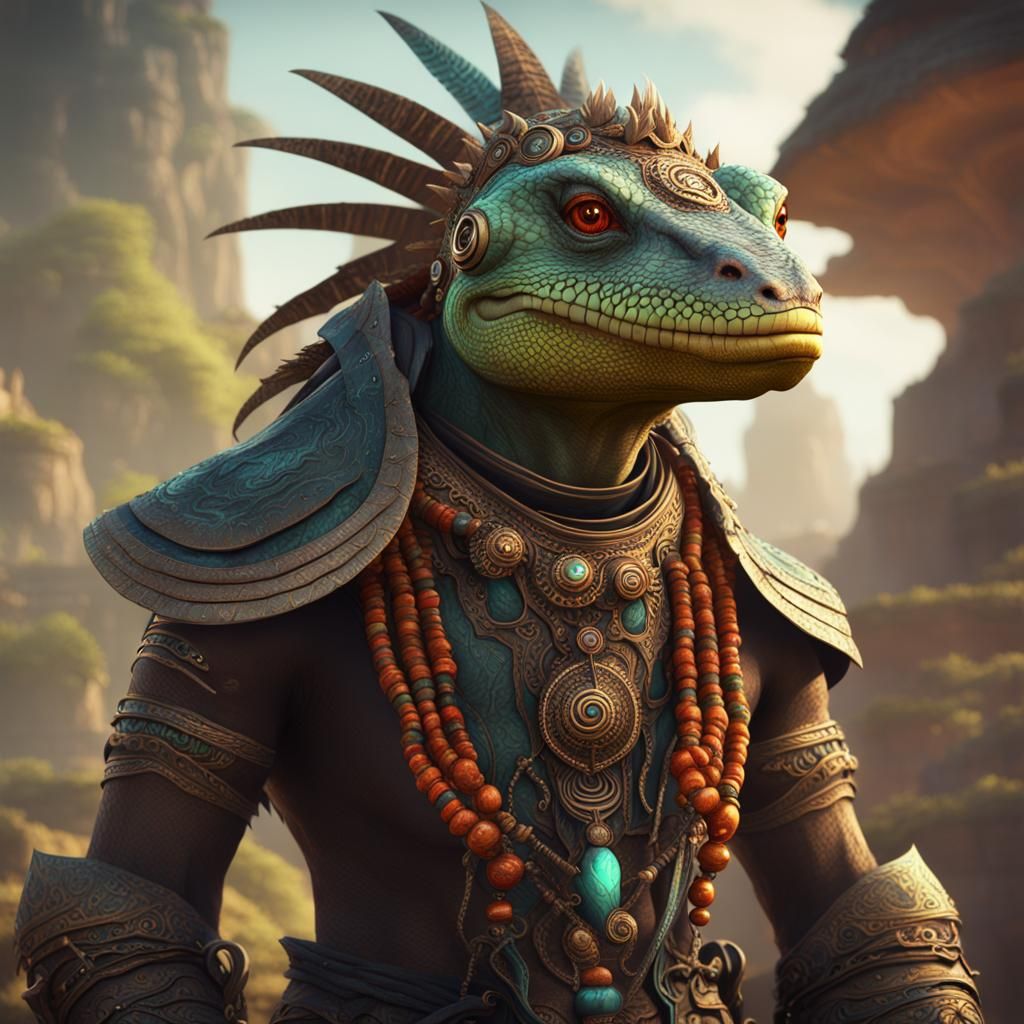 Mystical Lizard Warrior in Tribal Regalia
