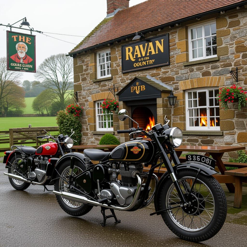 Classic British Bikes Parked Outside Country Pub