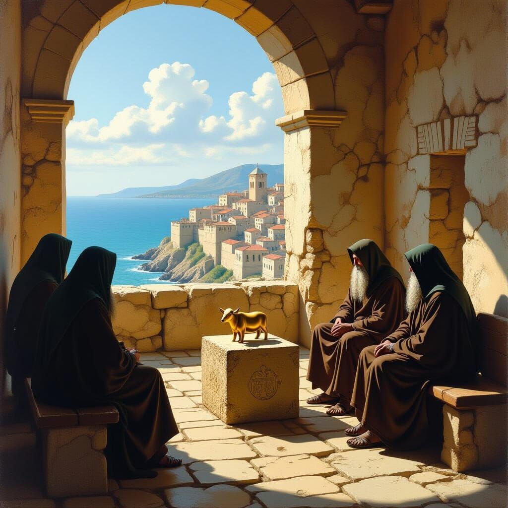 Ancient Figures Adore Golden Calf in Classical Style