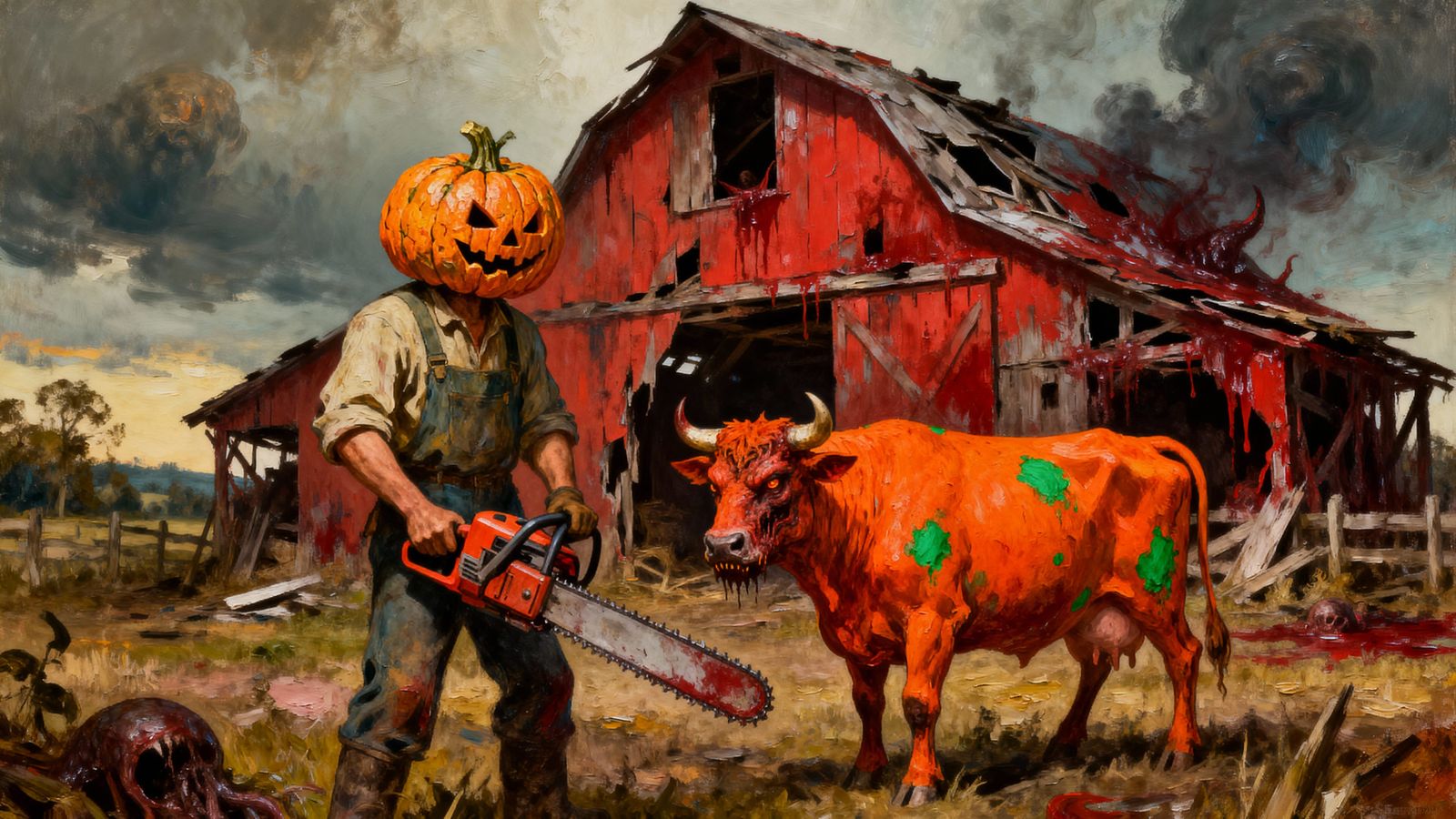 Demonic Cow & Farmer with Pumpkin Mask Before Blood Barn