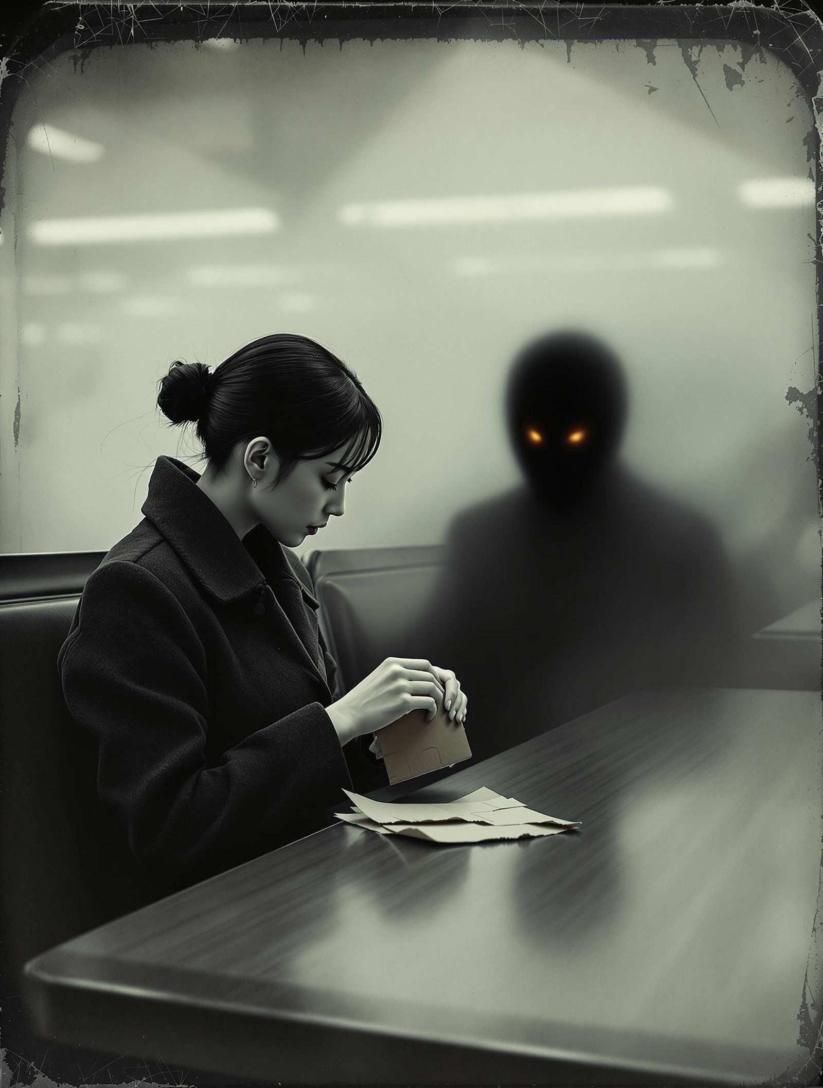 Woman Faces Shadow in Midnight Waiting Room: Ambrotype Art