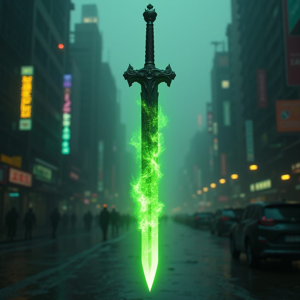 Metallic Sword Illuminated by Green Fireball in Cyberpunk Ci...
