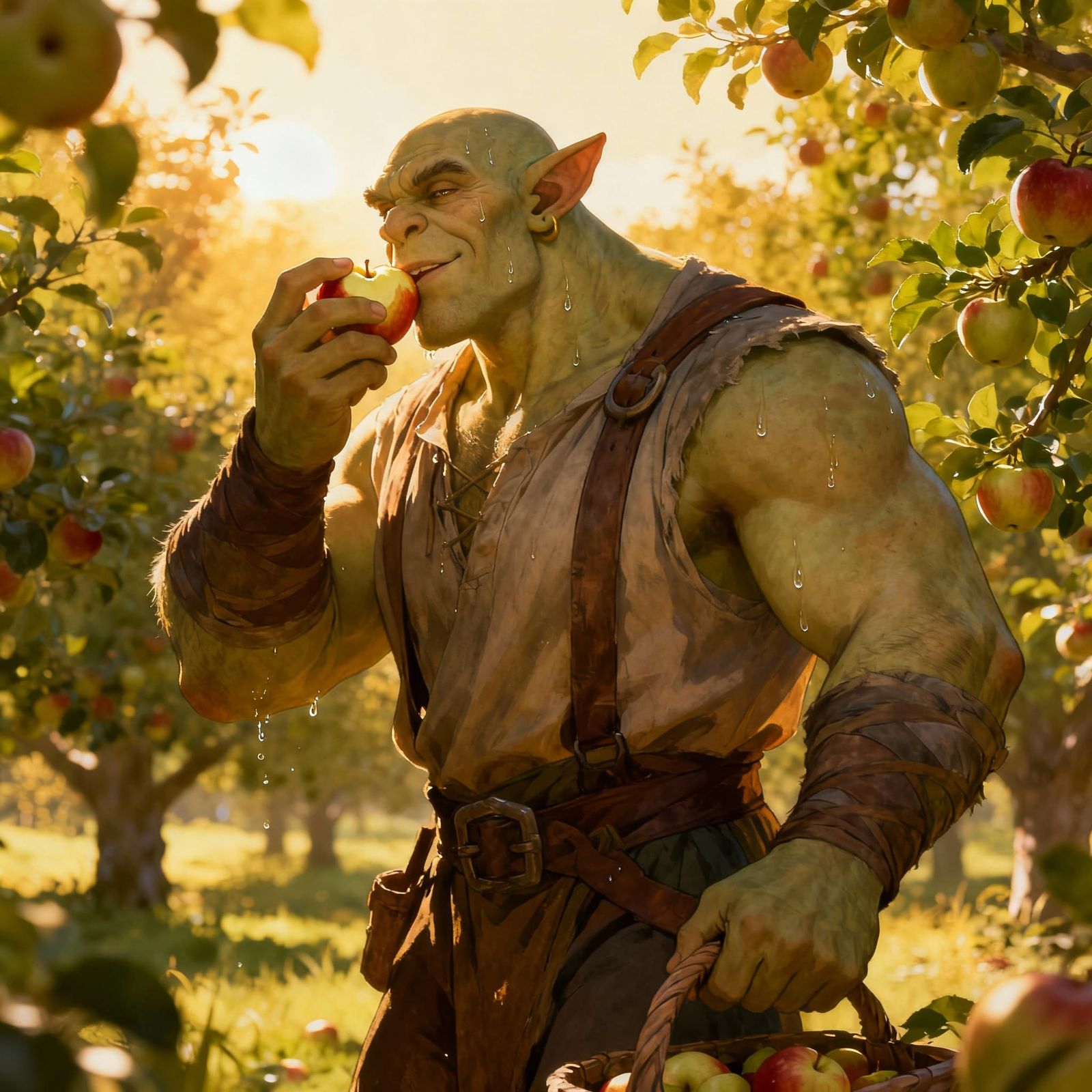 Orc Farmer Harvesting Apples in Sunny Orchard