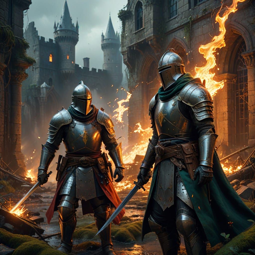 Medieval Knights Clash in Fiery Explosion of Sparks and Flam...
