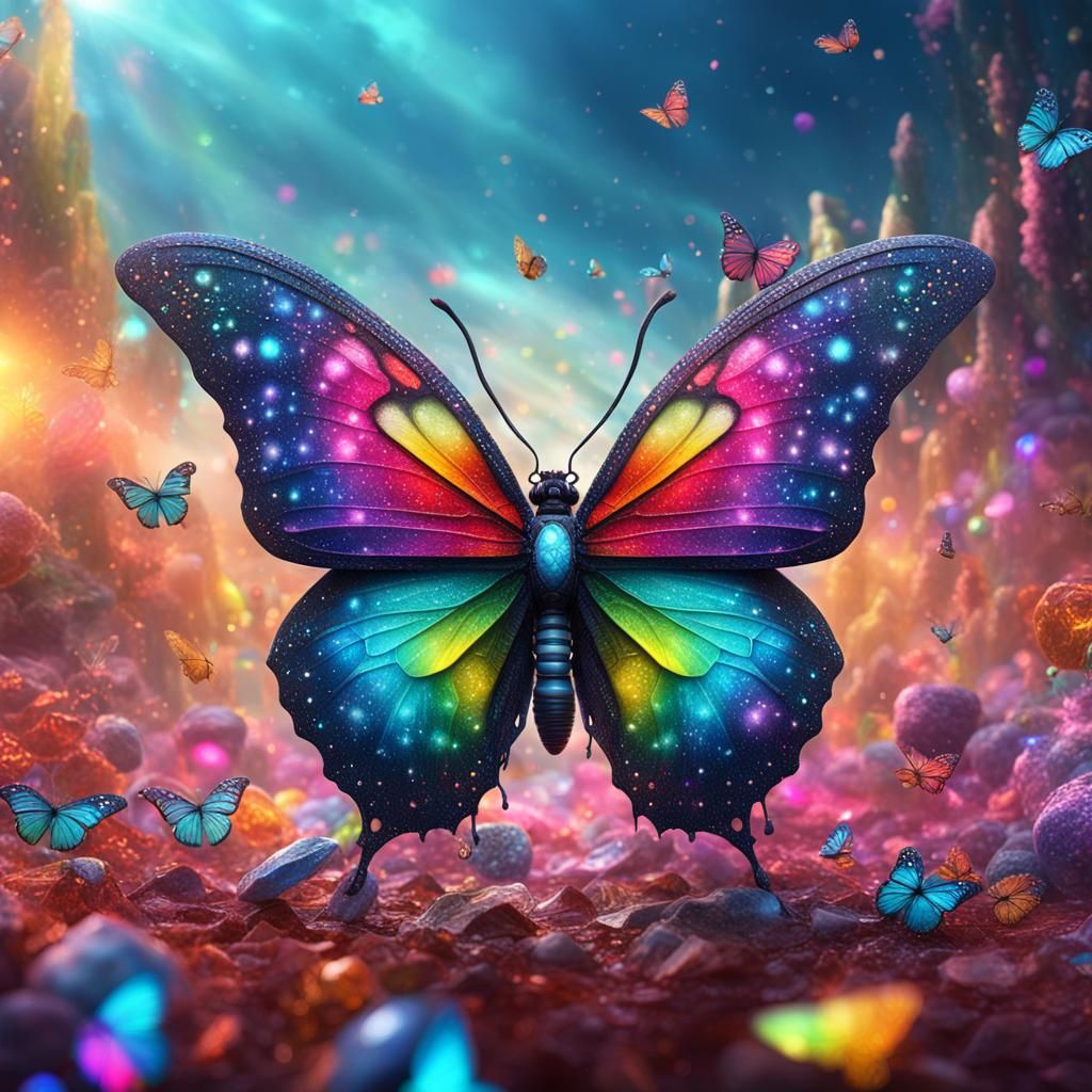 Epic Rainbow Gem Butterfly in a Brilliant Dewy Atmosphere