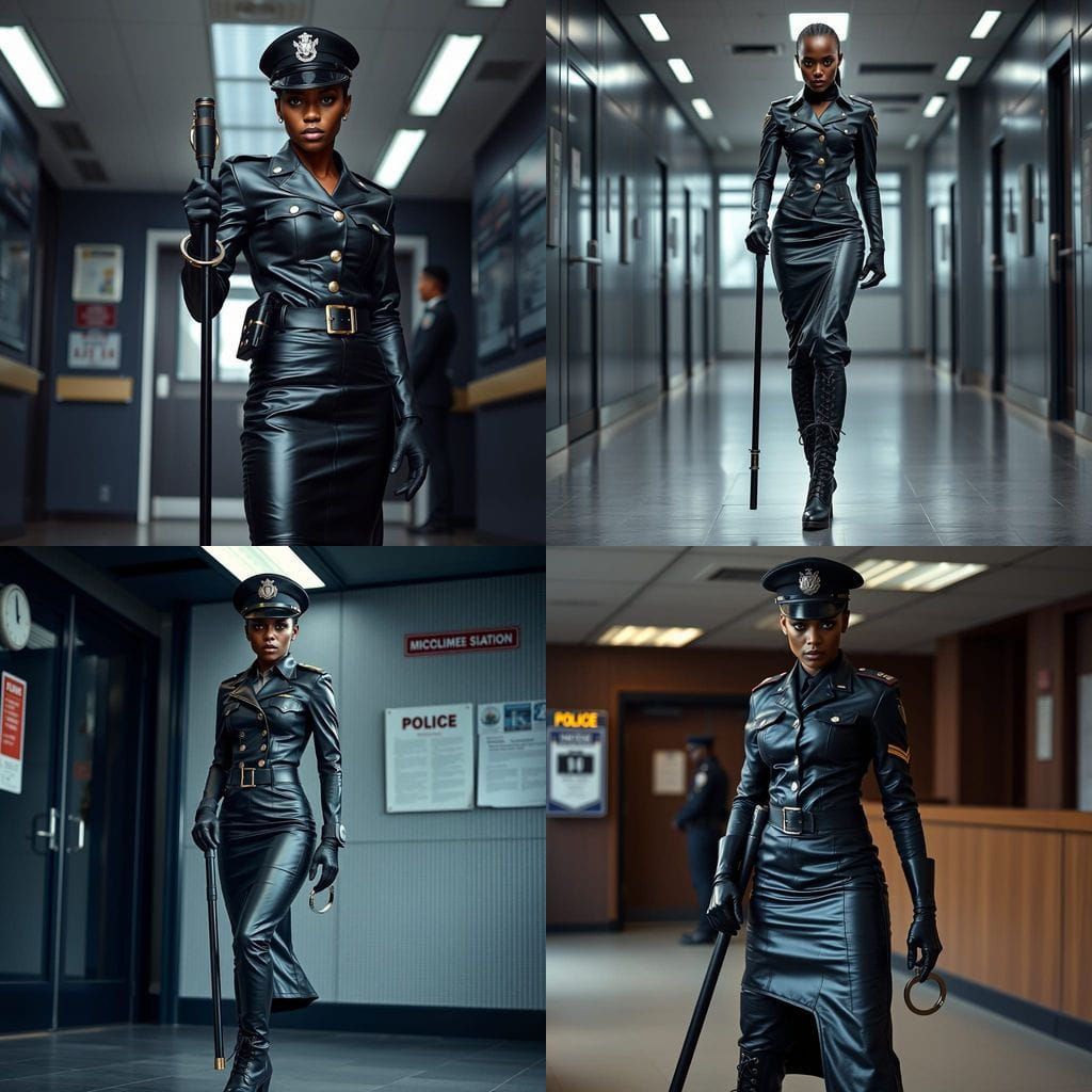 Elegant Ebony Officer in Black Leather Military Uniform