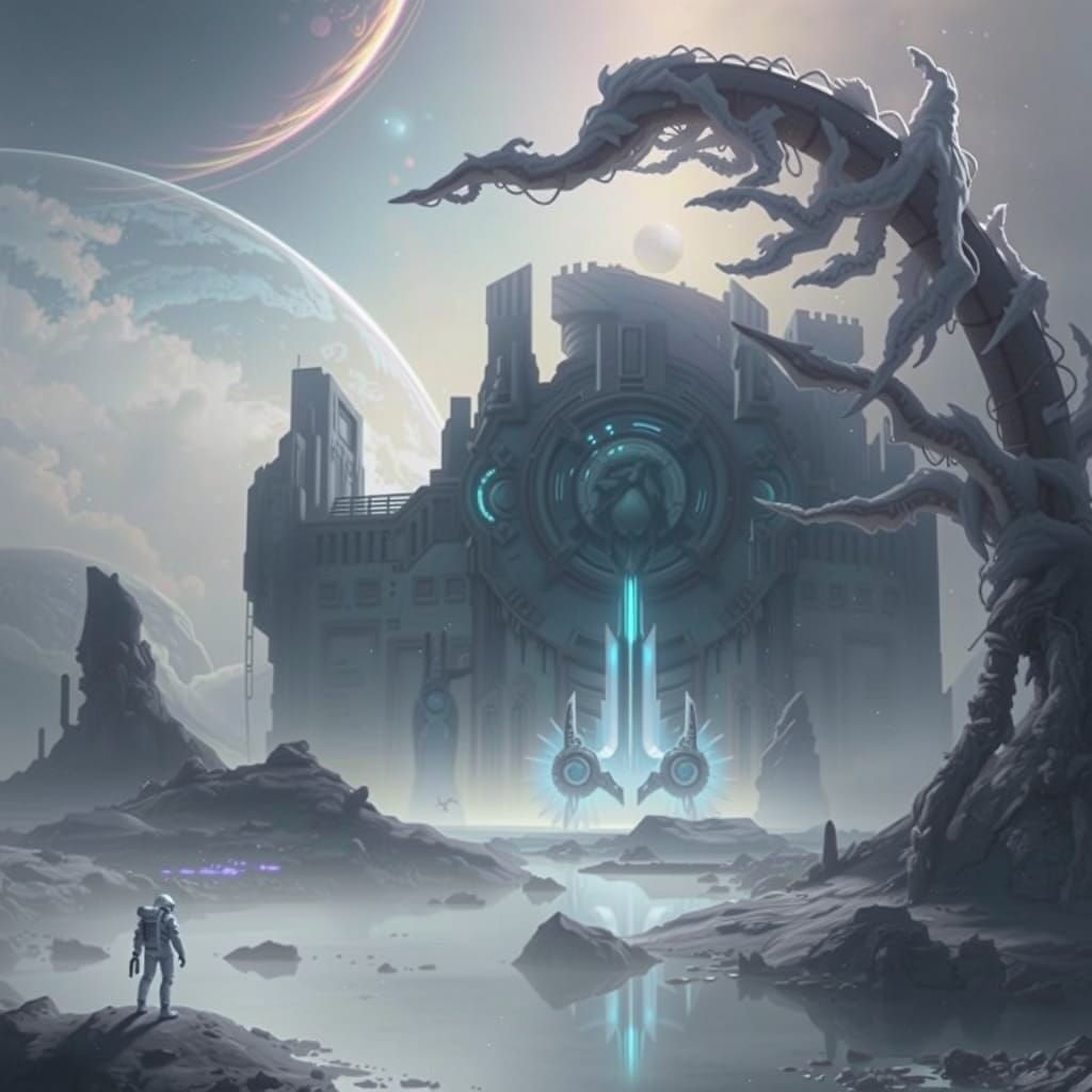 A lone astronaut stands on a desolate, alien planet, gazing up at a sky filled with swirling nebulae and binary suns. Th...