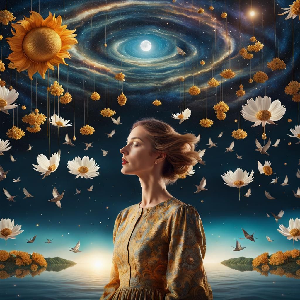 Elegant Surrealist Depiction of an Upside-Down Woman Encompa...